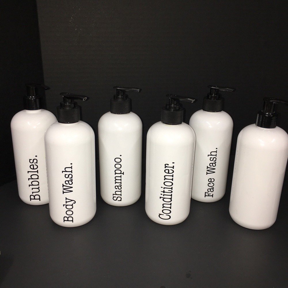 Apothecary Empty White Plastic Bottles with‎ Black Graphics,Pump 16 Oz,6 bottles
